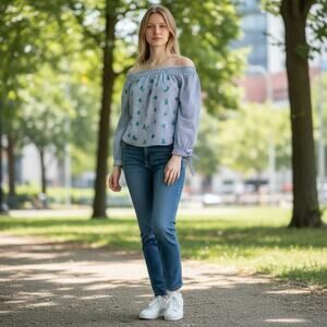 Beaded Jcrew Sz 4 Woman's Off The Shoulder Striped Blouse